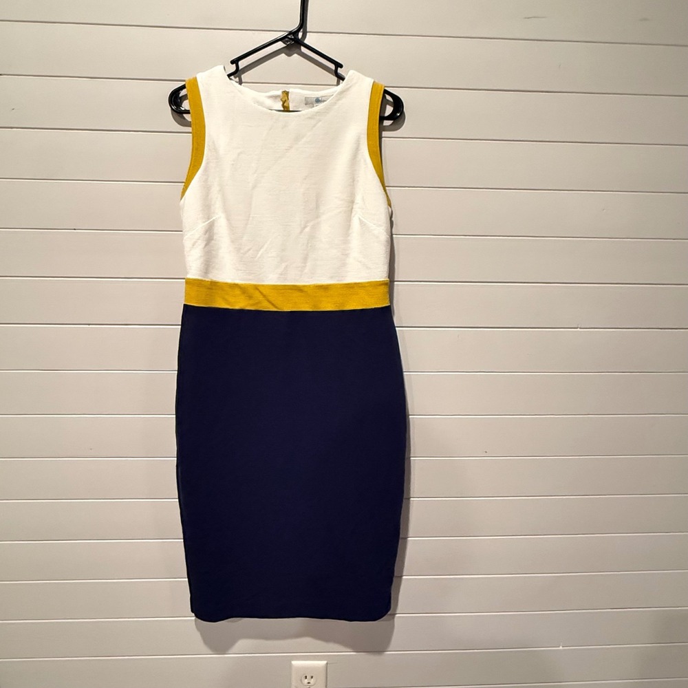 Boden Colorblock Sheath Dress Womens 8R Navy White Yellow Ottoman Rib Knit J0470